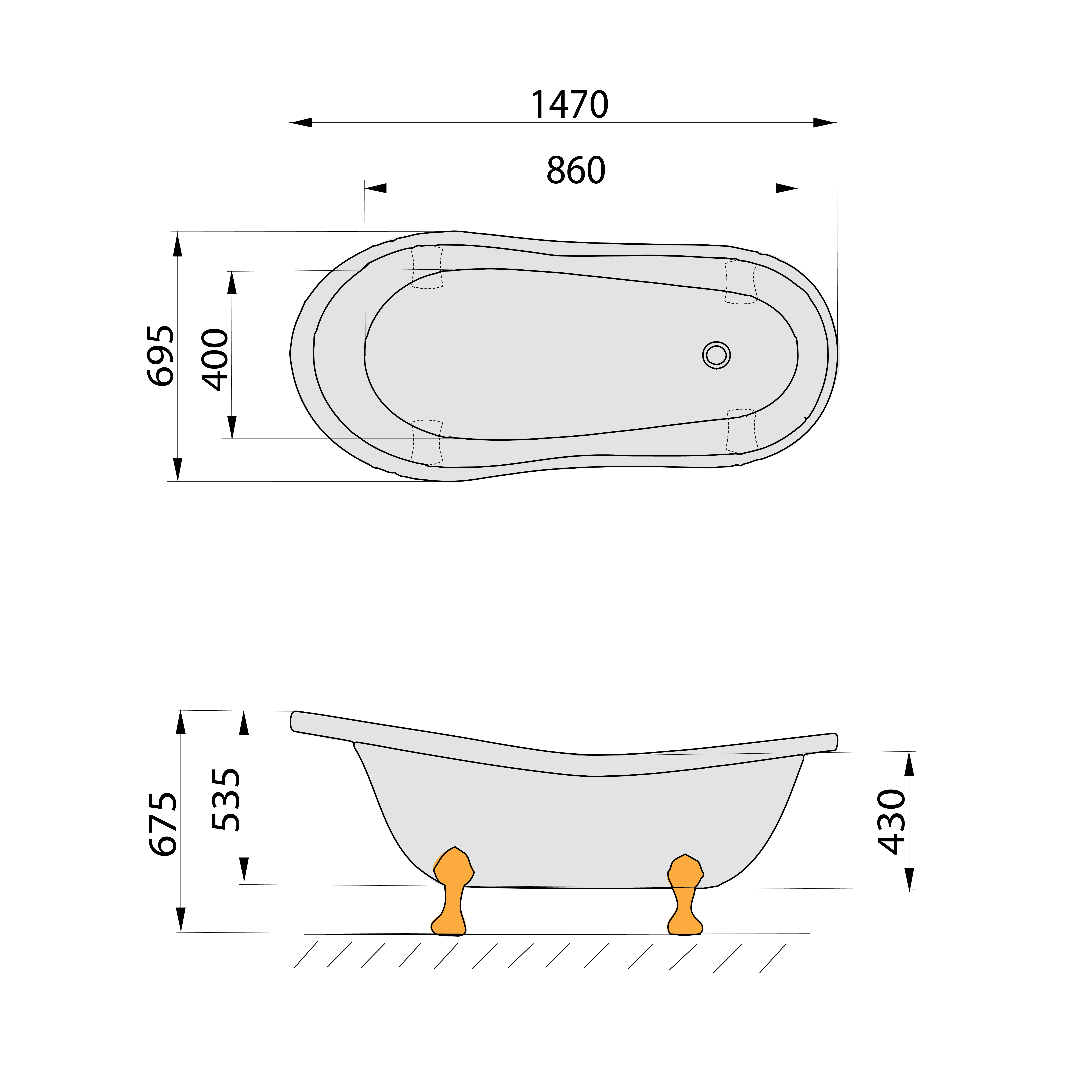 RETRO volně stojící vana 147x69,5x67,5cm, nohy bílé, černá/bílá (RAL9005)